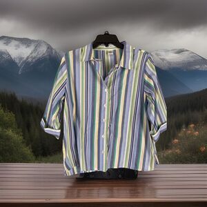 Rebecca Malone Women’s XL Striped Button Blouse 3/4 Sleeves Excellent Condition